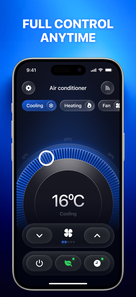 Air Conditioner Controller ‧ - Interfaz de la aplicación Air Conditioner Controller en un iPhone mostrando el dial de temperatura y el modo de enfriamiento