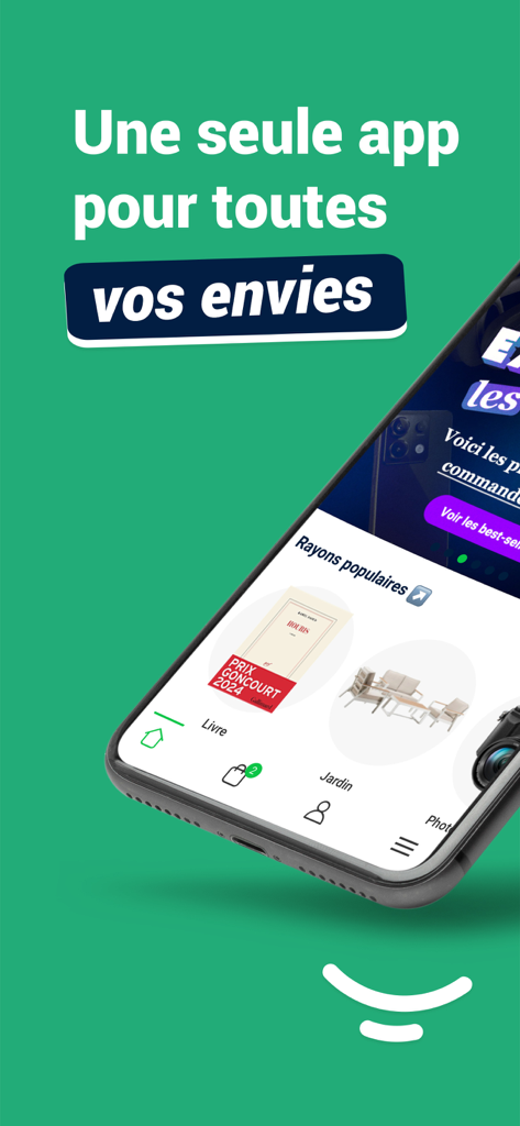 Rue Du Commerce: Achat & promo - Página de inicio de la aplicación móvil Rue Du Commerce que muestra varias categorías de compras como libros y muebles de jardín