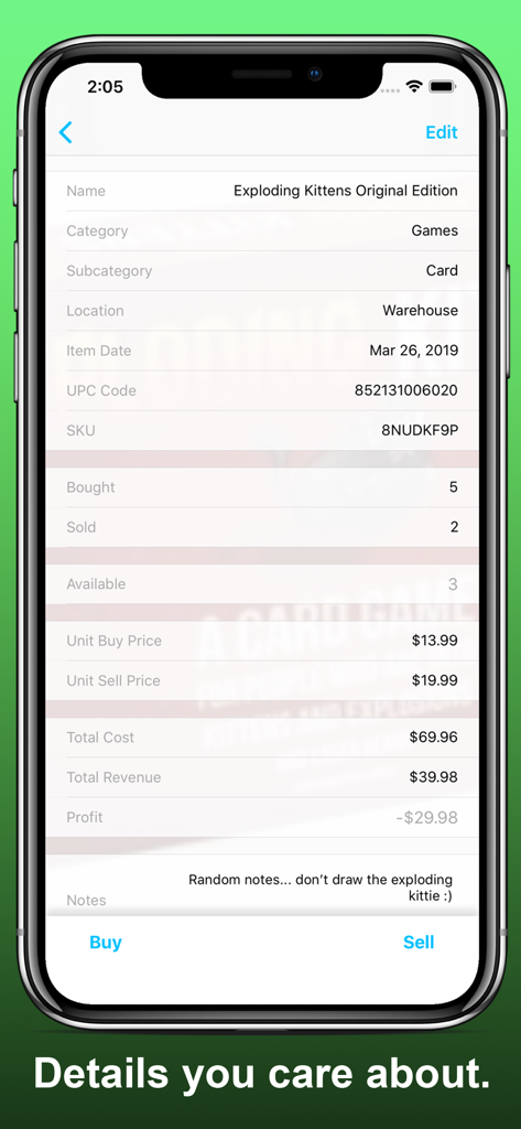 Inventory Now: product tracker - Interface do aplicativo Inventory Now mostrando informações detalhadas do produto, incluindo níveis de estoque, preços e rastreamento de lucros