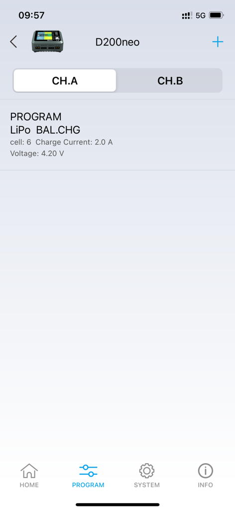 SkyCharger app interface for configuring LiPo battery balance charge settings