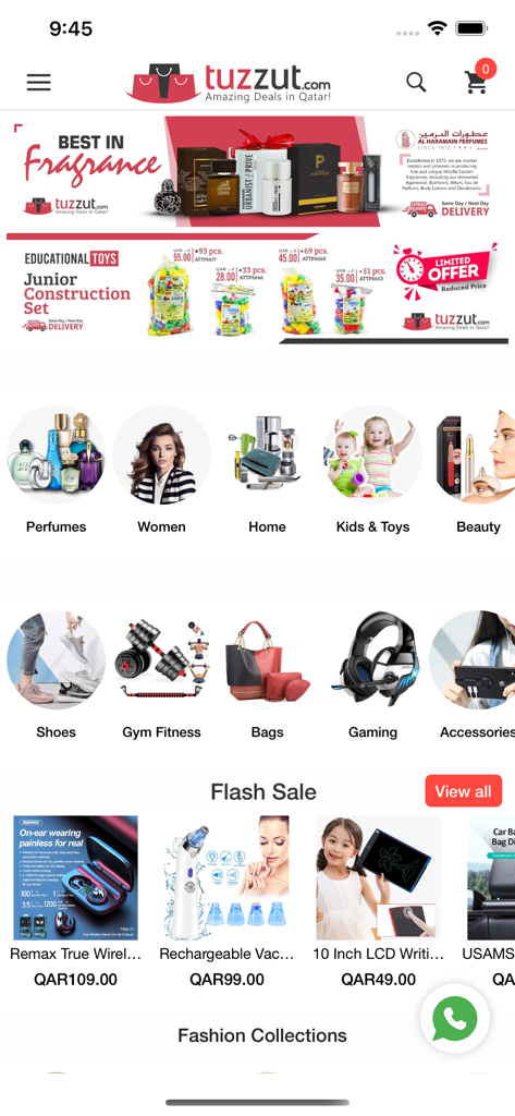 Tuzzut Qatar Online Shopping - Interfaz de la aplicación de compras en línea Tuzzut Qatar con categorías de compras y ofertas flash en Qatar