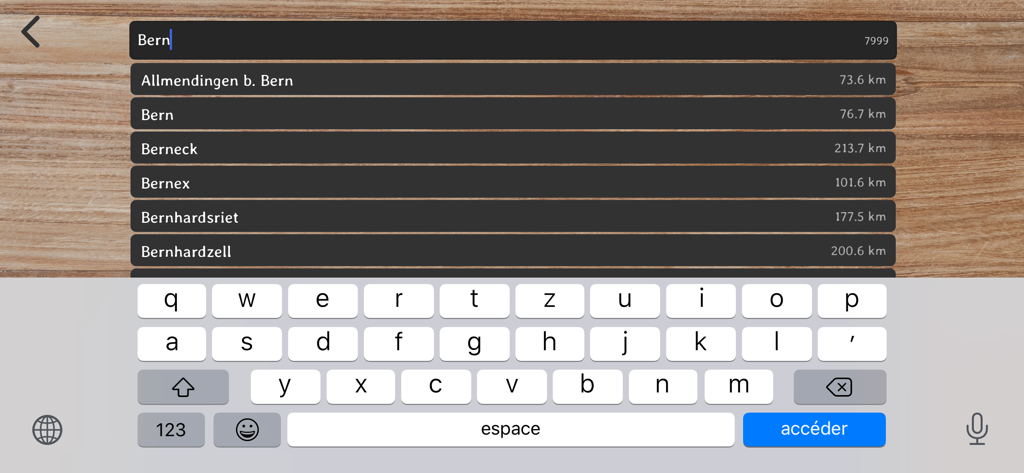 Swiss3D - Procurando por Berna no aplicativo Swiss3D mostrando resultados de localização baseados na distância