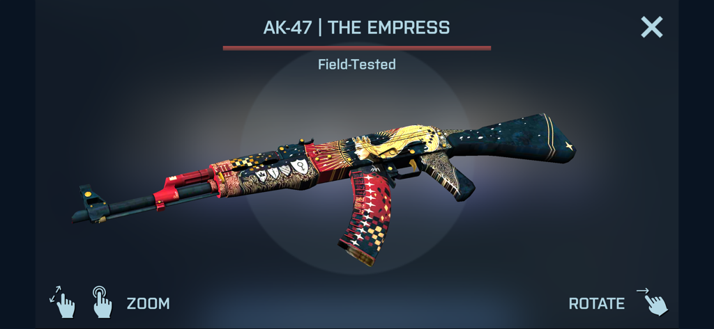 Vista previa en 3D de la skin AK-47 La Emperatriz dentro de la aplicación Case Opener mostrando controles de zoom y rotación