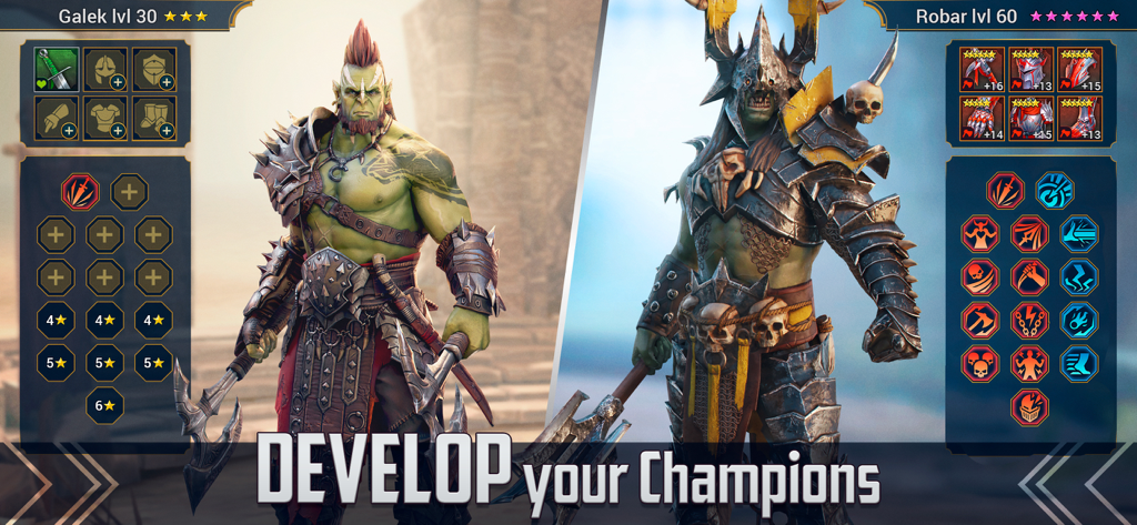 Side by side comparison of low level and high level Orc champions showing gear and skill progression in RAID Shadow Legends.