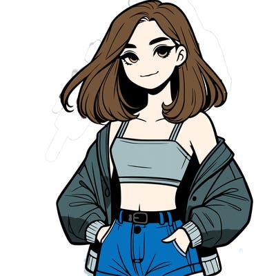 a realistic girl with a crop top and short shorts in an open jacket