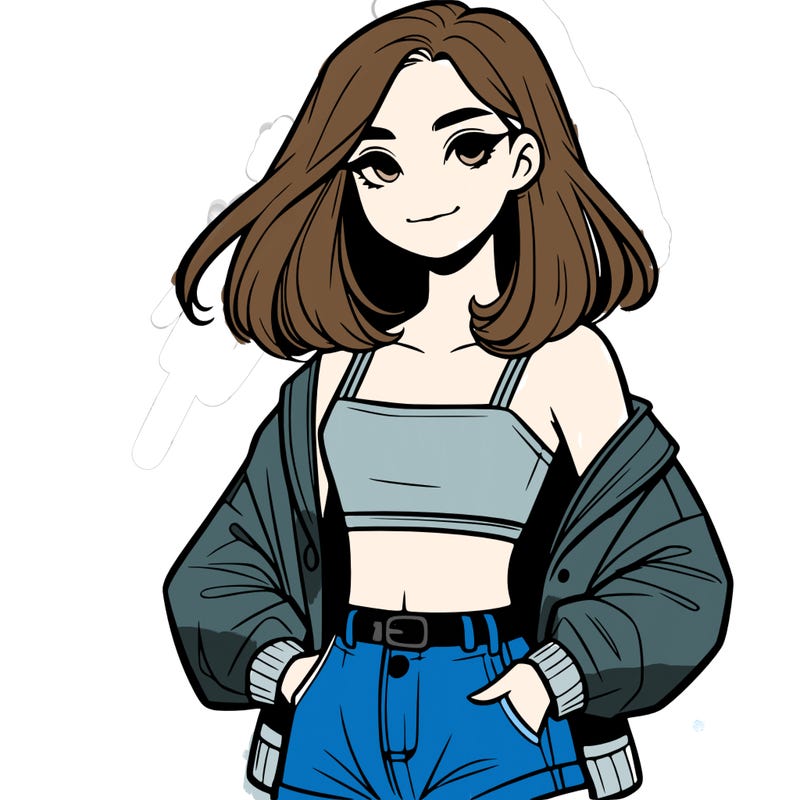a realistic girl with a crop top and short shorts in an open jacket
