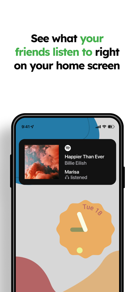 MUBR - see what friends listen - MUBR 음악 위젯이 표시된 iPhone 홈 화면, 친구가 Billie Eilish를 듣고 있는 모습