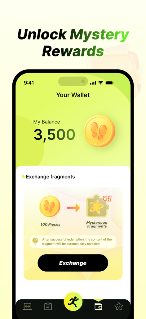 MarkRun - Pantalla de la aplicación MarkRun que muestra la billetera digital y la opción de canjear fragmentos recolectados por recompensas misteriosas
