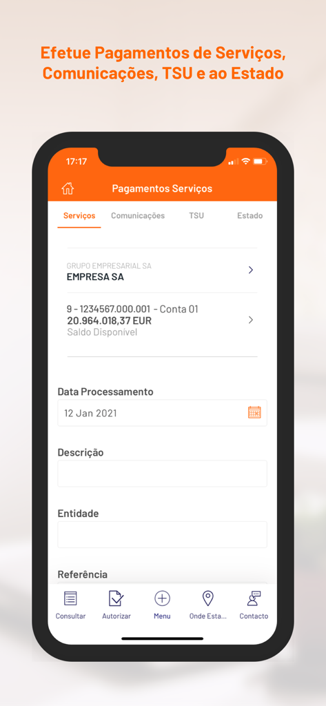 Interface do aplicativo móvel BPI Empresas mostrando opções de pagamento corporativo para serviços e impostos