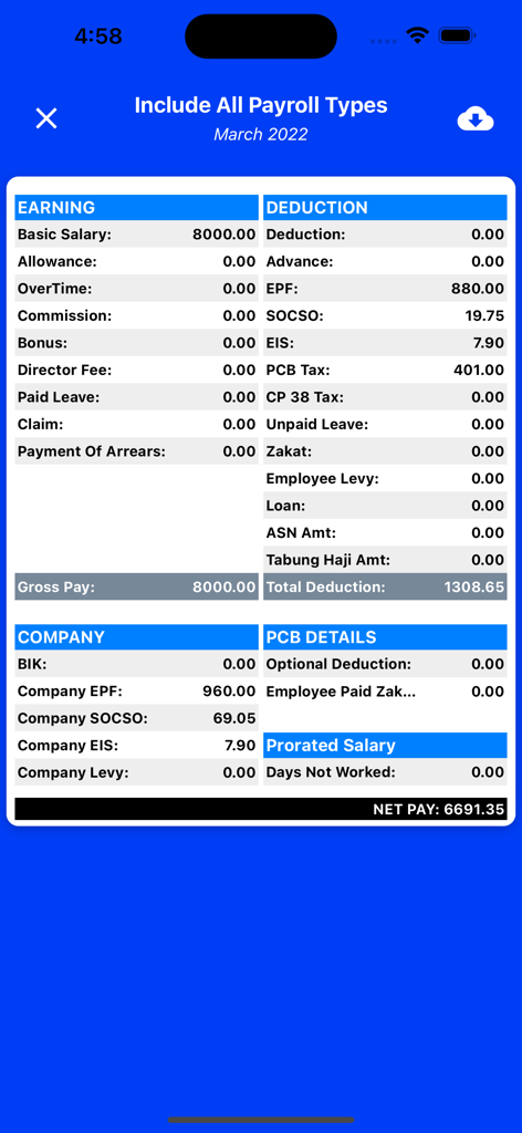 AC Payroll - Detailed payroll summary screen showing earnings deductions and net pay on the AC Payroll app