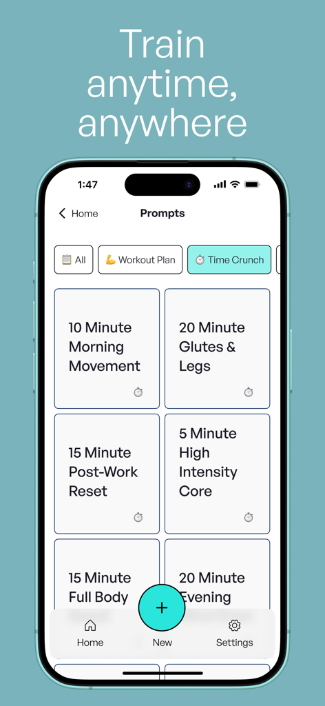 WorkoutBuddy: AI Fitness Coach - WorkoutBuddy app screen displaying quick workout options like 10 minute morning movement and 5 minute high intensity core