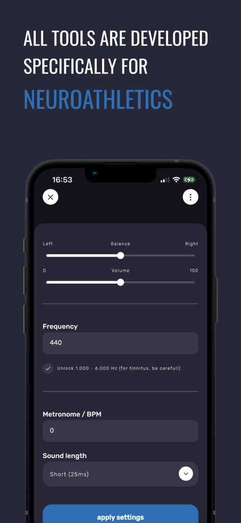 neurally -brain based training - A smartphone screen displaying the frequency and volume settings for a professional neuroathletics tone generator.