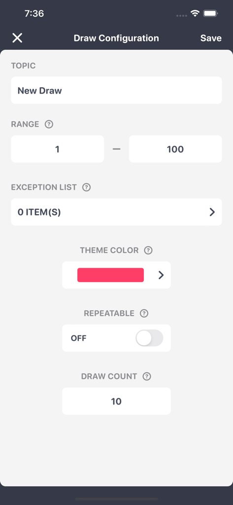Lucky Draw - Random Picker - Tela de configuração do aplicativo Lucky Draw mostrando as configurações de intervalo, cor do tema e contagem de sorteios