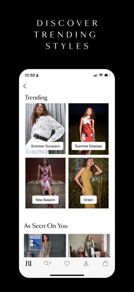 Interface da app River Island exibindo vestidos de verão e estilos de moda em tendência