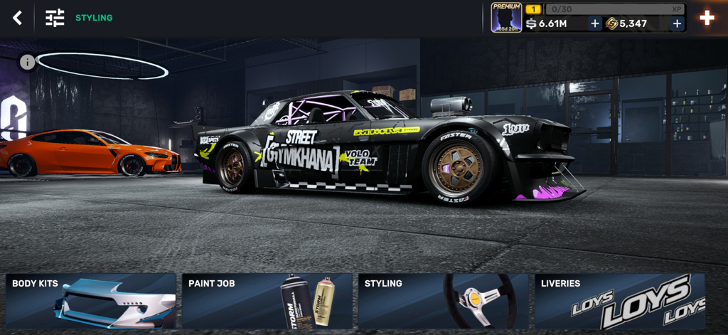 Customized black muscle car in the CarX Street styling menu with options for body kits and paint jobs