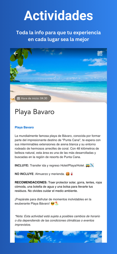 Viaxlab - Viaxlab app screen showing detailed travel itinerary information for a beach activity at Playa Bavaro.