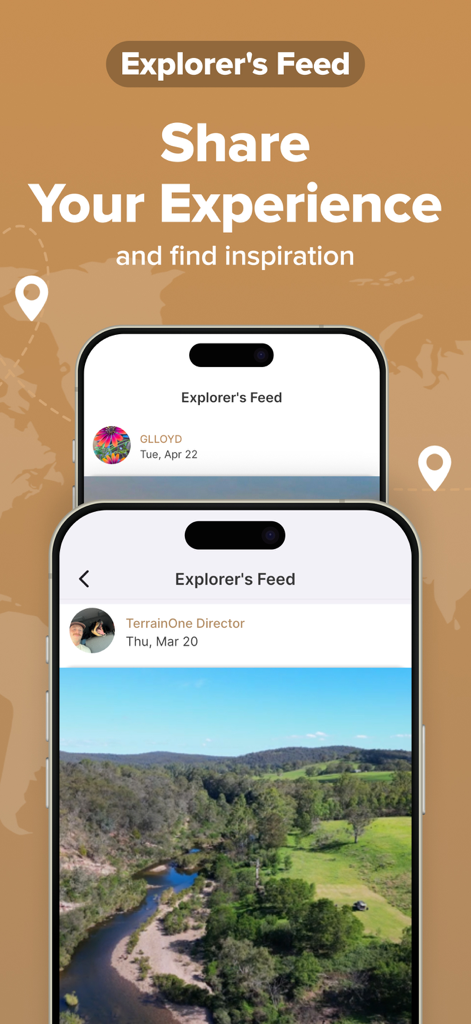 Screenshot of the TerrainOne Explorer Feed showing community shared photos and adventure inspiration.