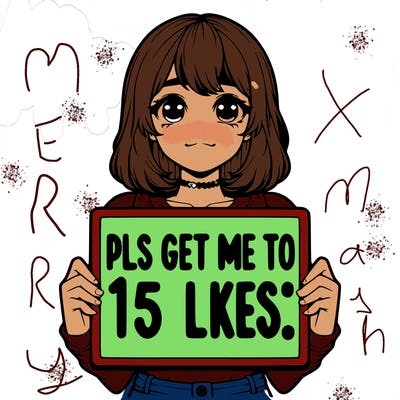 realistic girl holding up a sign that says “pls get me to 15 likes!”