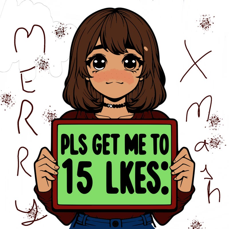 realistic girl holding up a sign that says “pls get me to 15 likes!”