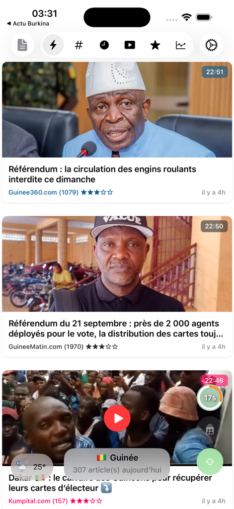 Actu Guinée - infos complètes - News feed display in the Actu Guinee app showing articles about the referendum and local news sources.
