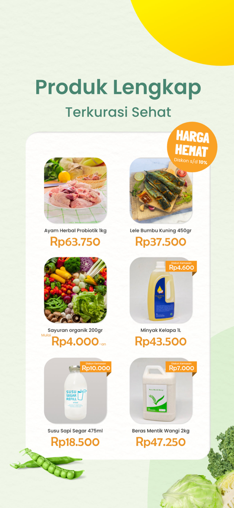 Kecipir - Sayur Organik Sehat - A mobile app interface displaying a variety of organic and refillable grocery products with prices and packaging discounts
