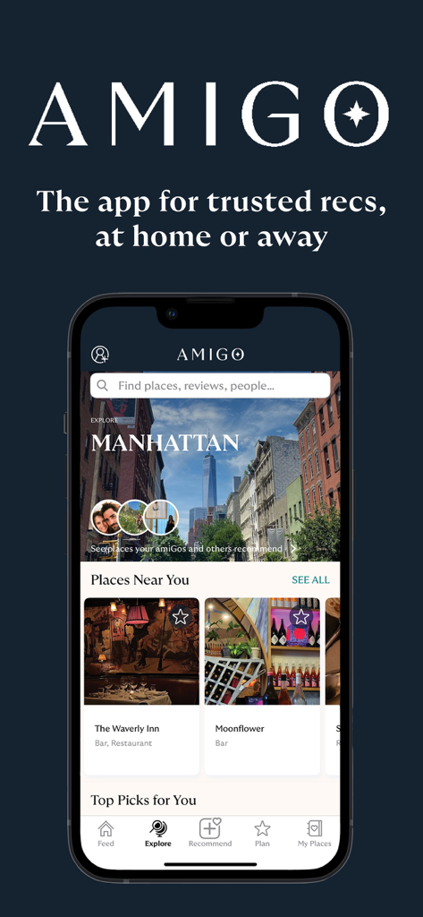 AmiGo Travel app interface showing curated travel recommendations for Manhattan and local dining spots