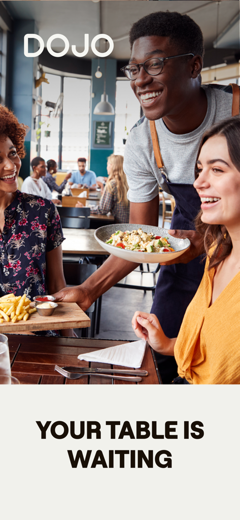 A smiling waiter serving fresh food to happy customers at a restaurant table with the Dojo app logo.