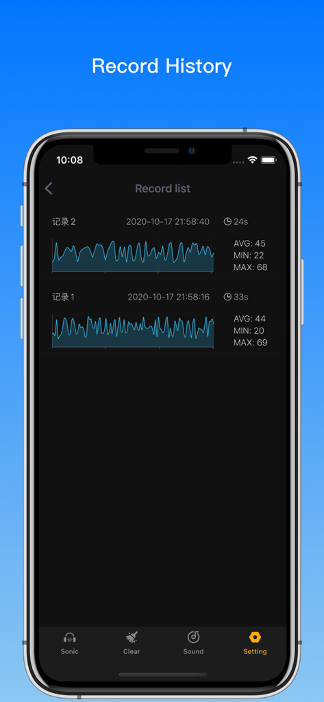 A screen from the Sonic Master app showing a list of recorded sound levels with waveform graphs and decibel statistics