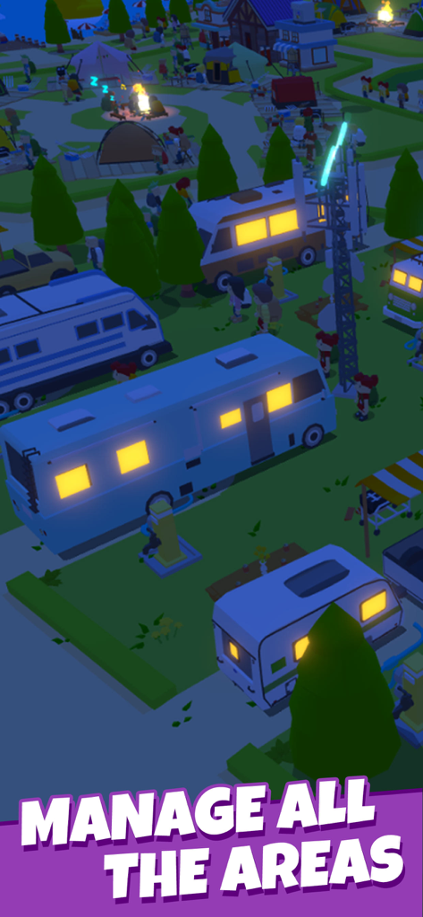 Camping Tycoon-Idle RV life - Uma visão noturna de um parque de RV movimentado com campistas iluminados e uma área de fogueira em Camping Tycoon