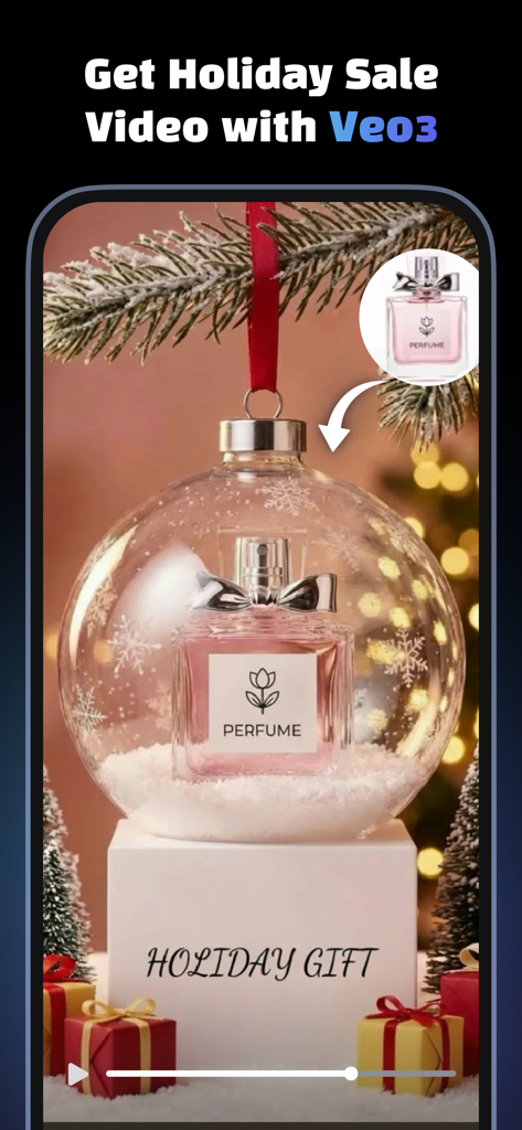 AI generated holiday sale video for a perfume product inside a Christmas ornament
