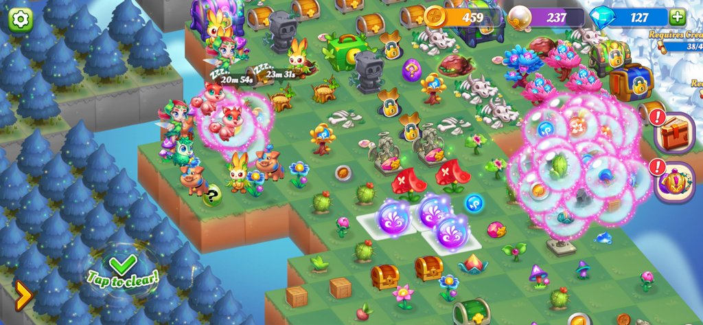 Wonder Merge - A colorful gameplay screenshot of Wonder Merge showing a magical island filled with fantasy creatures, plants, and treasure chests.