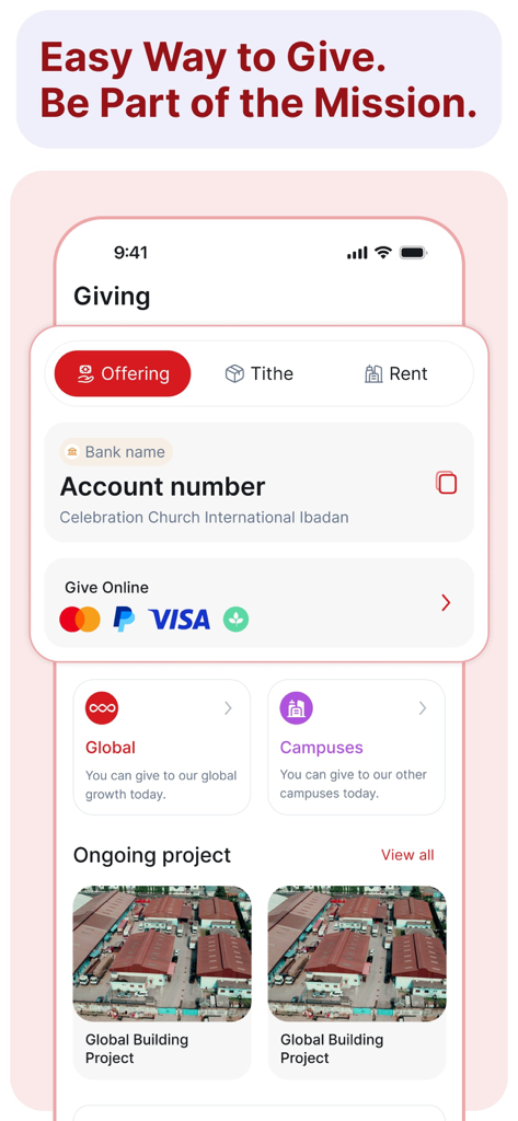 Celebration Church Int'l (CCI) - Giving screen of the Celebration Church International app with donation options for offerings and building projects