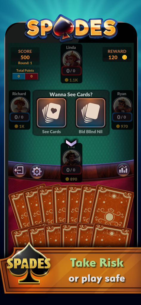 In-game screenshot of Spades Offline featuring bidding options and a classic card table design