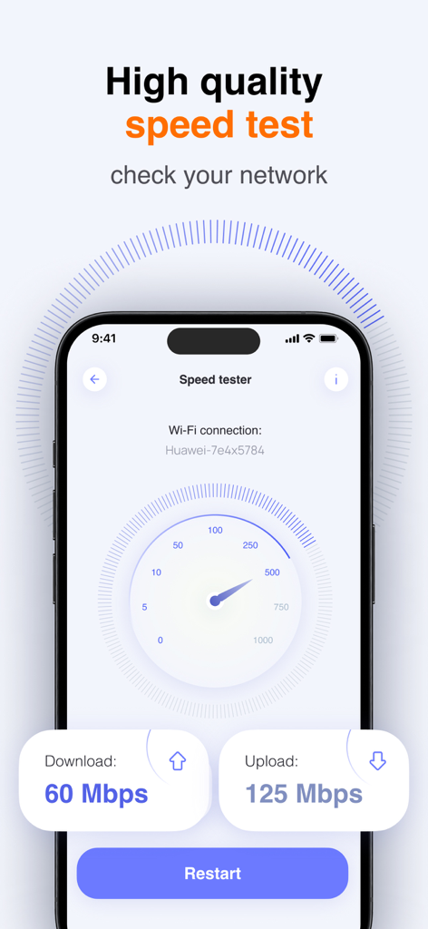 Smartphone screen showing wifi download and upload speed test results
