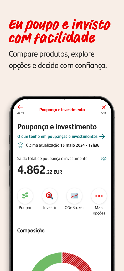 Interface do aplicativo Santander Portugal mostrando o saldo total de economias e opções de investimento.