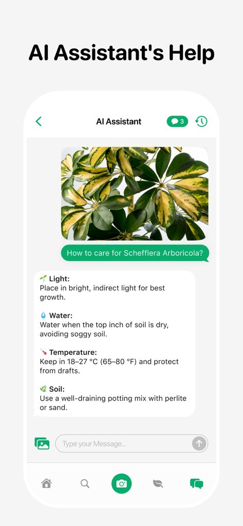 Plant Identifier - Leafora AI - AI assistant providing care instructions for a Schefflera Arboricola plant in the Leafora app interface