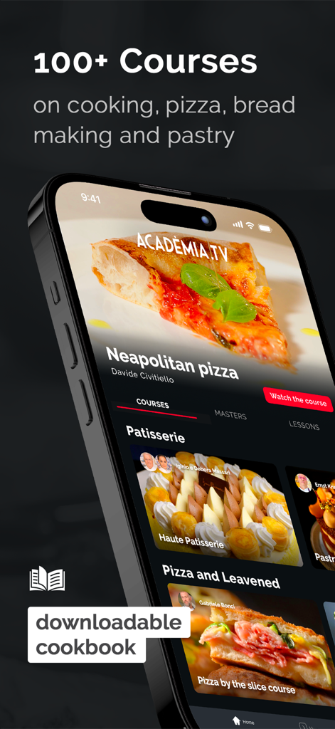 iPhone screen showing Academia.tv cooking courses including Neapolitan pizza and Haute Patisserie with a mention of 100 plus courses available.