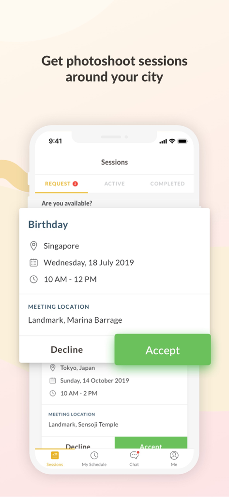 수락 및 거부 옵션이 있는 촬영 세션 요청을 보여주는 사진작가를 위한 SweetEscape 모바일 앱