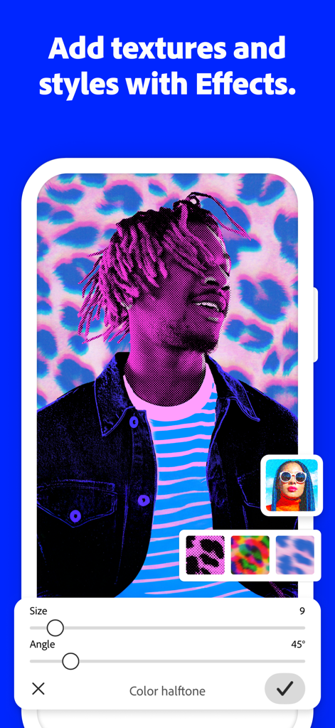 Die Benutzeroberfläche der Adobe Photoshop Mobile App zeigt einen Farbraster-Textur-Effekt auf einem Porträt