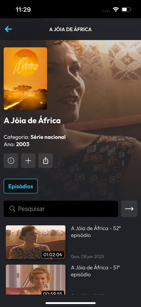 The TVI Player mobile app displaying the series information and episode list for the Portuguese show A Joia de Africa