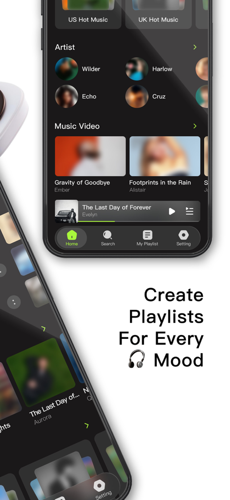 Offline Music Player # Mp3 - Interfaz de la aplicación Reproductor de Música sin Conexión mostrando una lista de artistas y videos musicales con el texto Crea Listas de Reproducción Para Cada Estado de Ánimo