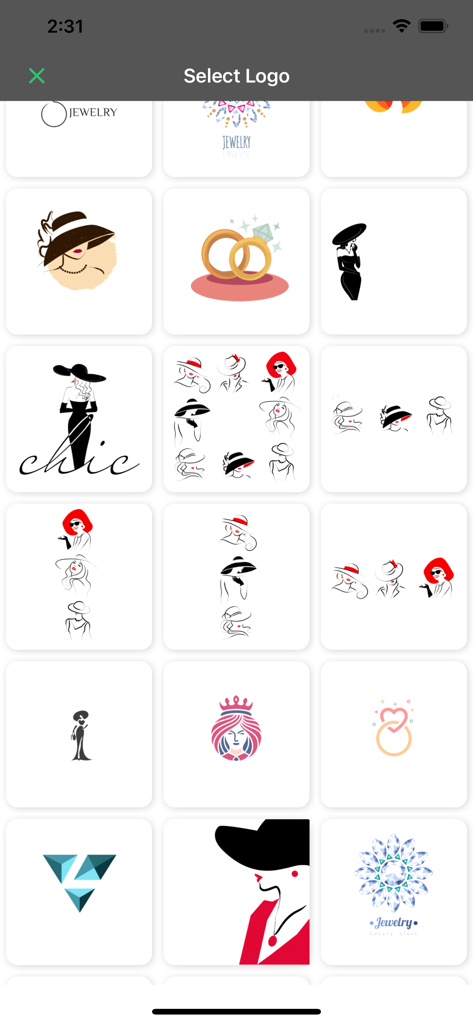 Create Logo~Make Your Own Logo - Una collezione di modelli di logo per moda e gioielli visualizzata nell'interfaccia dell'app Tuba Logo Maker.