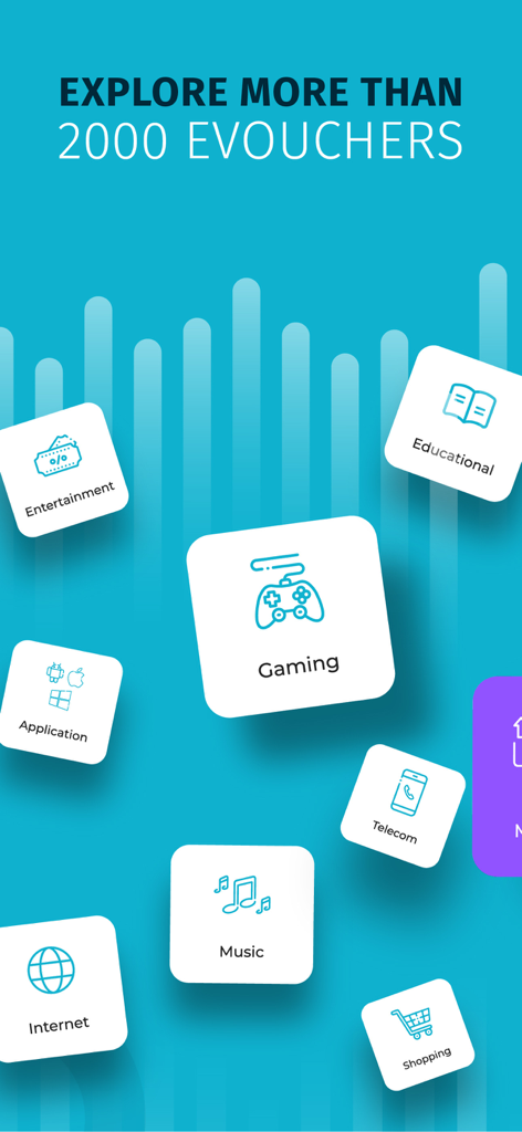 NassWallet-Mobil-App-Bildschirm, der digitale Gutscheinkategorien für Spiele, Musik und Shopping zeigt