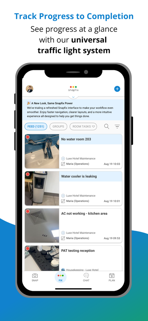 Snapfix: Smarter Maintenance - Snapfix mobile app interface showing a list of maintenance tasks with photos and red status indicators