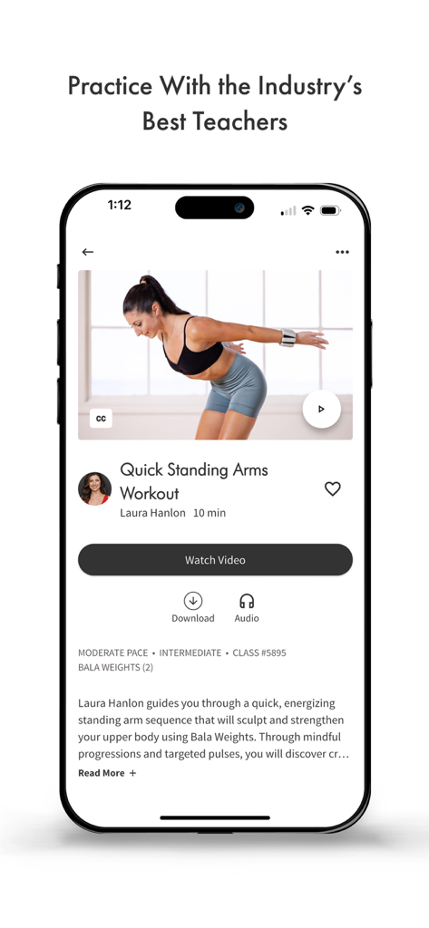 Pilates Anytime app screen showing a quick standing arms workout video by expert teacher Laura Hanlon