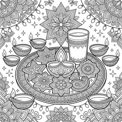 Discover a magical fusion of traditions with this unique coloring page featuring Santa's favorite treats alongside beautiful Diwali elements. Intricate cookies, a glass of milk, and glowing diyas are set against a backdrop of stunning rangoli patterns, perfect for a joyful coloring experience.