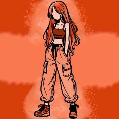 girl in baggy pants crop top and long hair