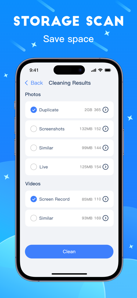 Super Cleaner - Space Clean - Super Cleanerアプリ。iPhone上の重複写真や動画のストレージスキャン結果を表示しています。