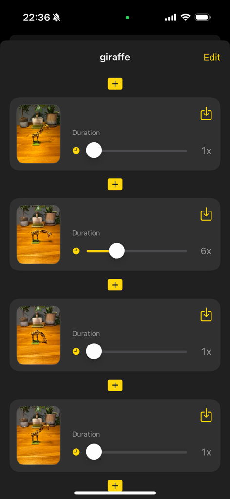 Onion Cam2 - StopMotion camera - Interfaccia dell'app Onion Cam2 che mostra una sequenza di fotogrammi stop-motion con impostazioni di regolazione della durata per un progetto di animazione di un giocattolo a forma di giraffa.