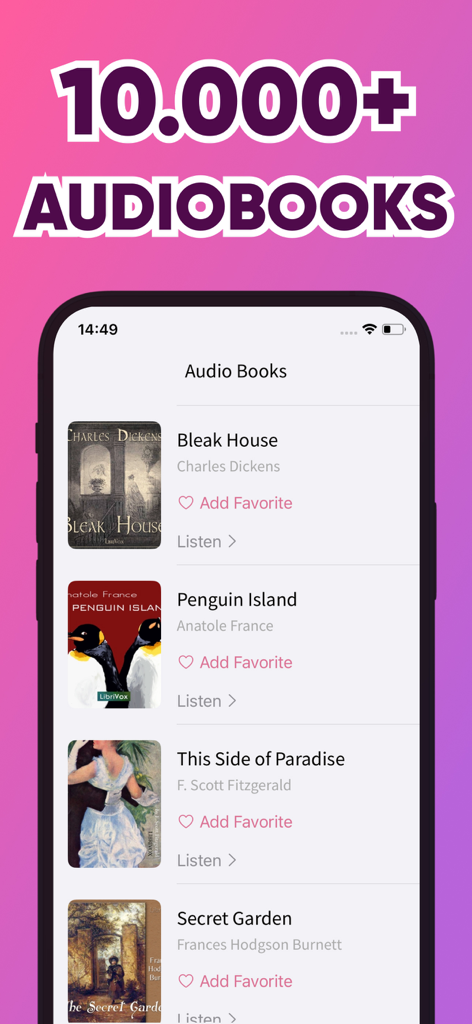 Schermata del cellulare che mostra un elenco di oltre 10000 audiolibri classici gratuiti